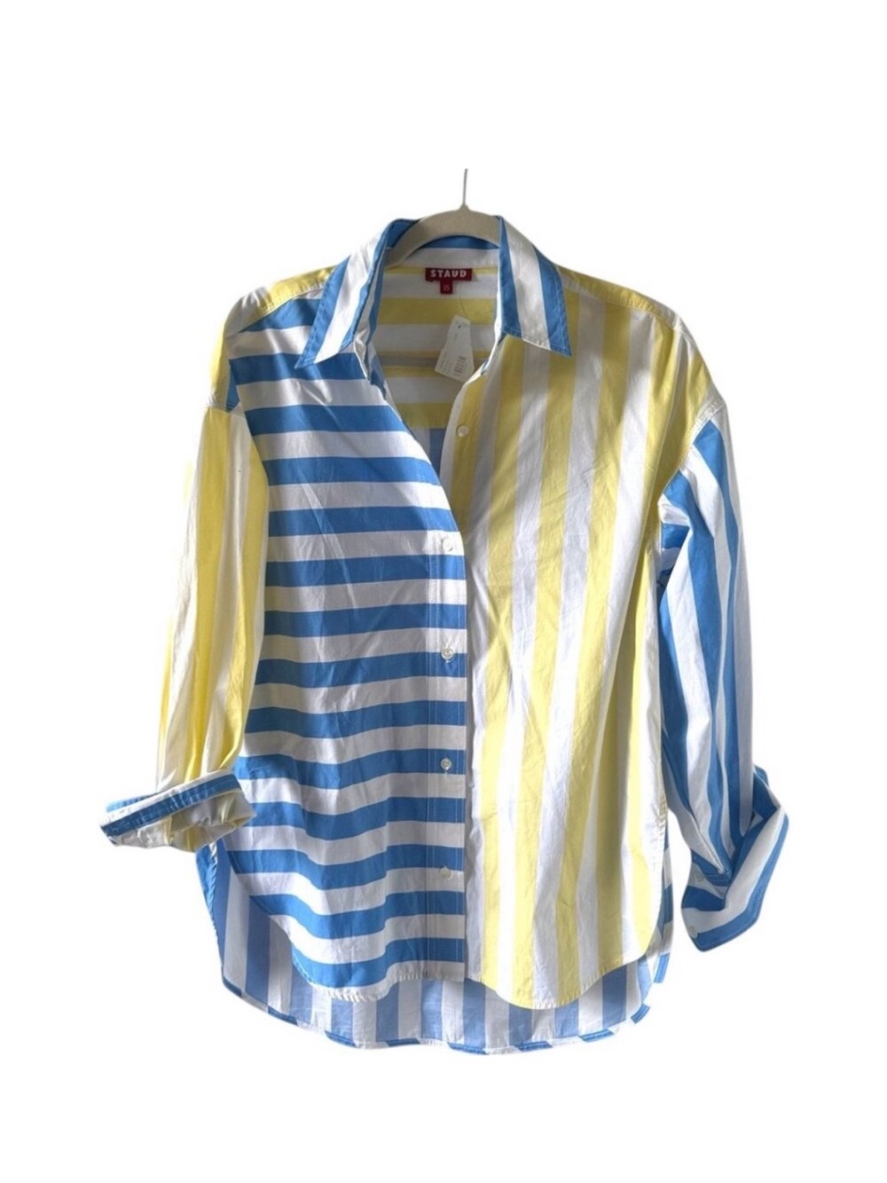 NWT Staud Colton Shirt Mixed Stripe Blue Yellow Oversized Button Down, XS